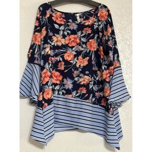 NY Collection Floral Blue Multicolor Striped Bell Sleeve Tunic Blouse Stretch 1X